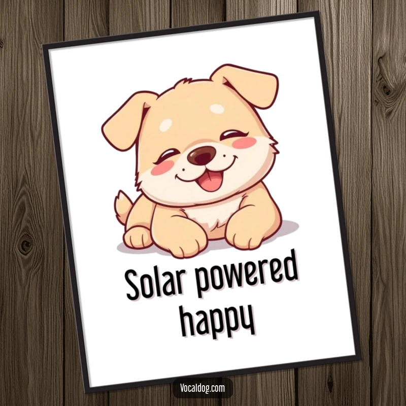 Funny dog poster showing a happy, relaxed dog lightly sunbathing, eyes closed in peaceful enjoyment.