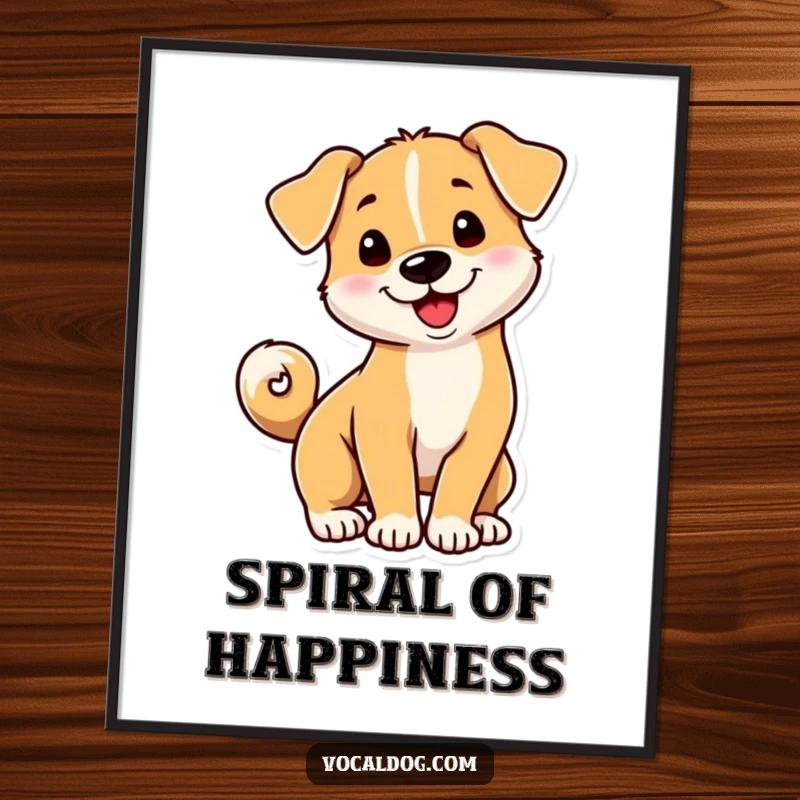Funny dog poster showcasing a playful dog with its tail curled into a happy, dynamic spiral.