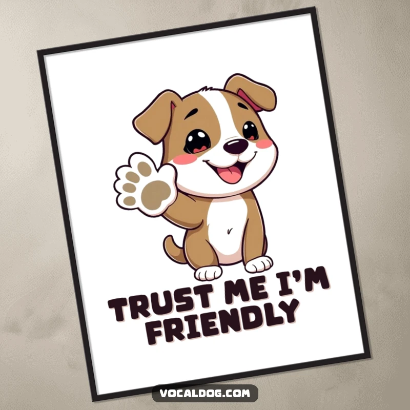 Funny poster art print of a happy dog reaching out its paw in a friendly gesture, bringing warmth and humor to any wall.