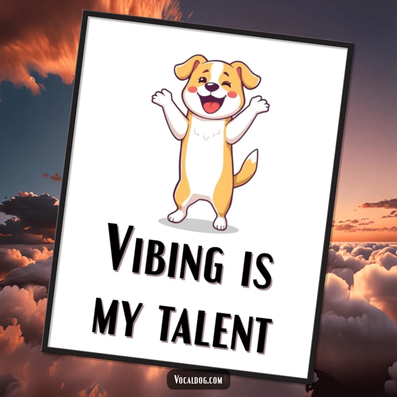 Funny Poster: A dog doing a jubilant happy dance on its hind legs. This funny and energetic artwork radiates pure joy.