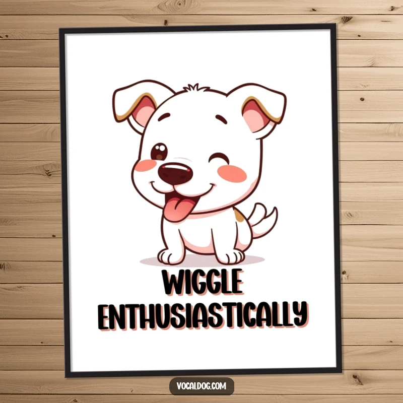 Funny poster capturing a dog character at the peak of its happy wiggle, radiating pure, infectious canine delight.