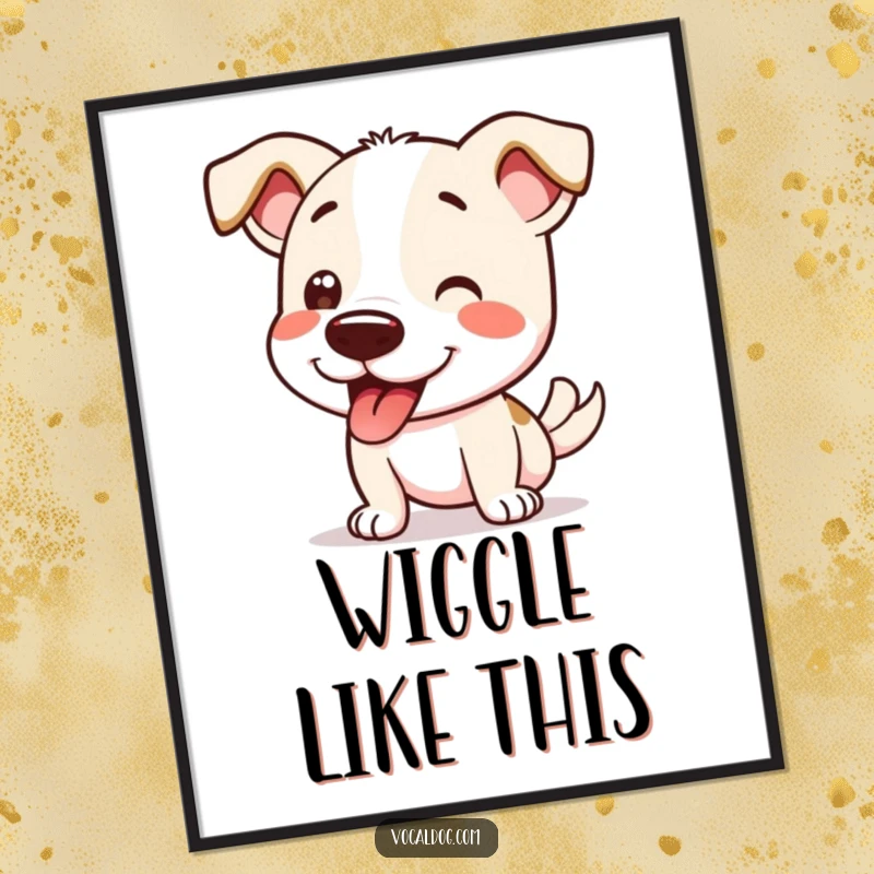 Funny Poster featuring a dog doing a full-body happy wiggle from nose to tail, capturing pure canine glee.