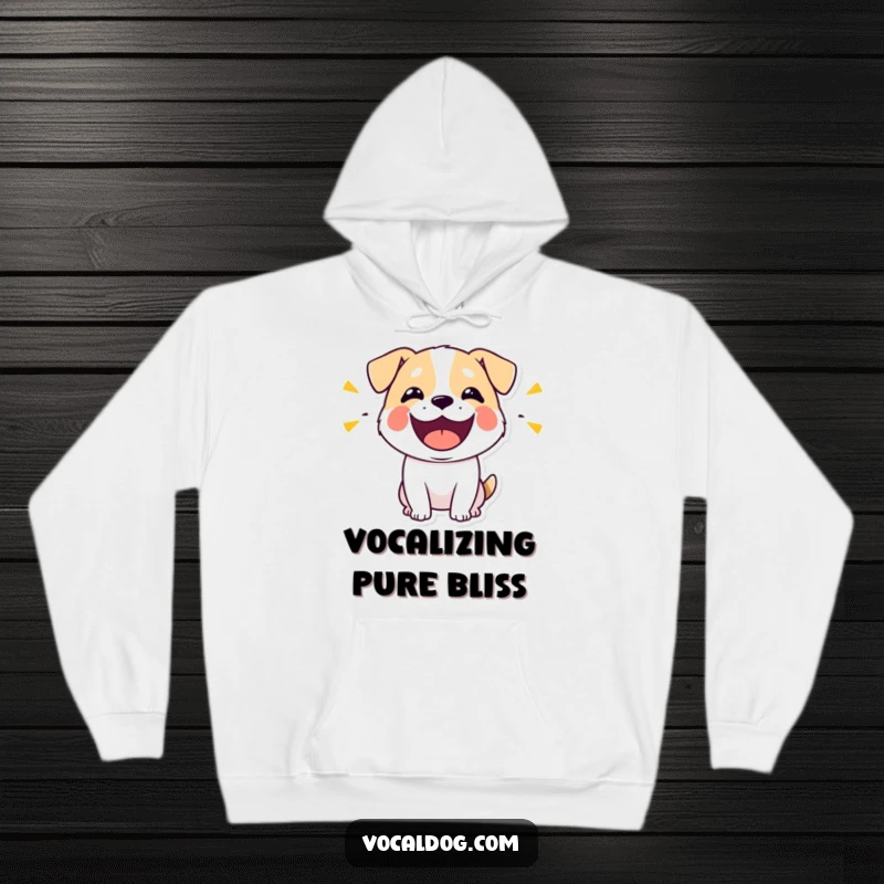Funny hoodie showcasing a stylized dog's open mouth, exuding a visual representation of loud, happy sounds and pure glee.