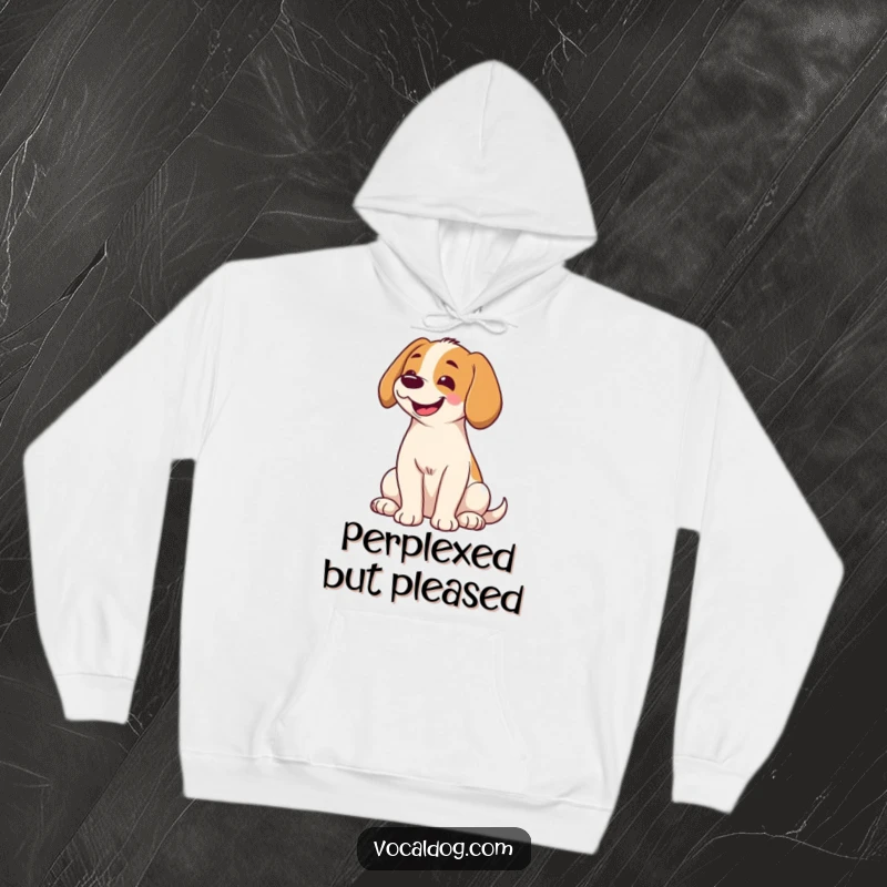 Funny hoodie depicting a dog with its head tilted and a big smile, offering a warm and humorous embrace of cuteness and pet affection.