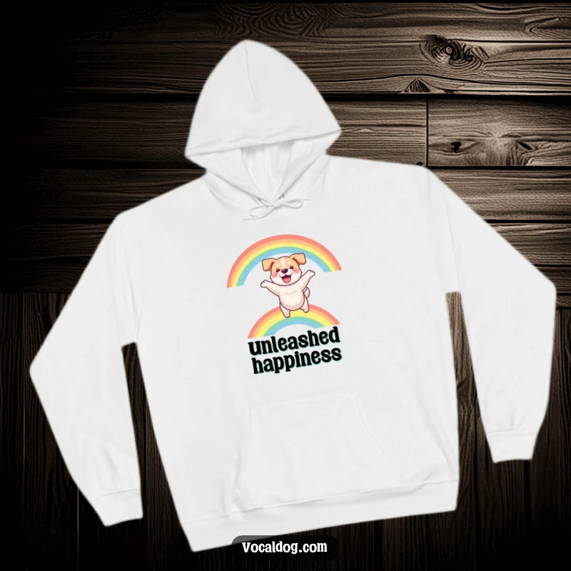 Funny hoodie showing a delighted dog soaring over a colorful rainbow, a symbol of pure, uninhibited happiness.
