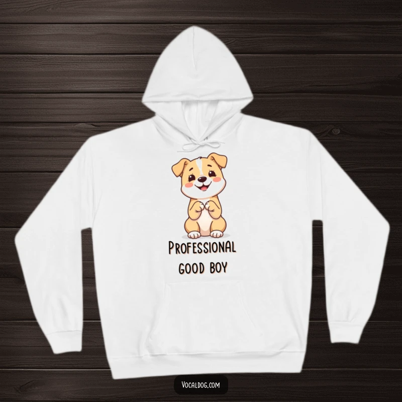 Funny hoodie featuring a content dog sitting upright with paws together, radiating happiness and a calm, sweet demeanor.