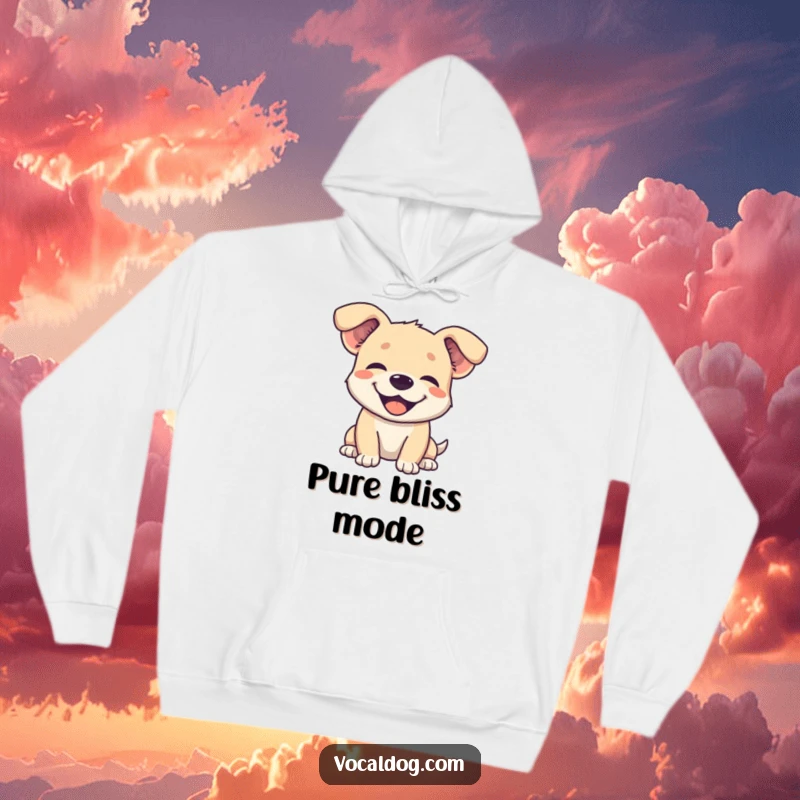 Funny hoodie design of a dog with its ears dramatically flopped back, radiating happiness and contentment.