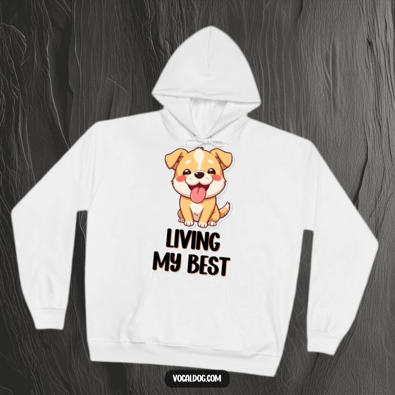 Funny hoodie with a smiling, tongue-out dog character panting happily. Ideal for dog lovers seeking warm, funny, and comfortable apparel.