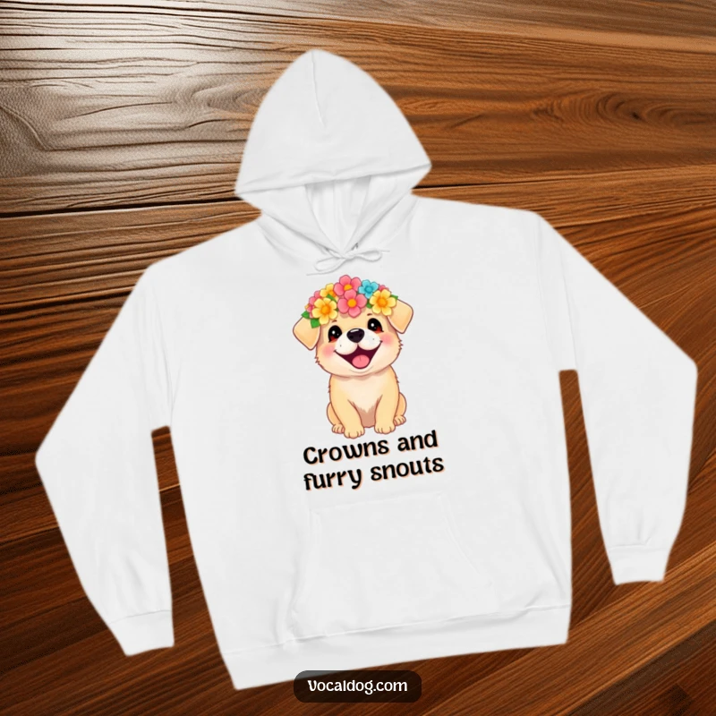 Funny hoodie with a dog wearing a flower crown, exuding immense happiness and gentle, cheerful energy.