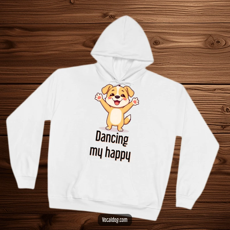 Funny Dog Hoodie: A warm, cuddly sweatshirt featuring a dog in mid-dance, paws high in the air, celebrating with infectious joy.