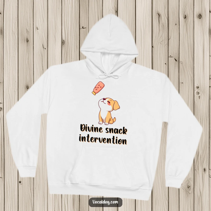 Funny hoodie depicting a dog character fixated on a floating treat, embodying snack-time dreams and cozy comfort.