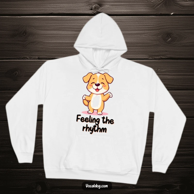 Funny hoodie featuring a dog character doing a playful jig, radiating happiness and good vibes. A cozy funny gift.