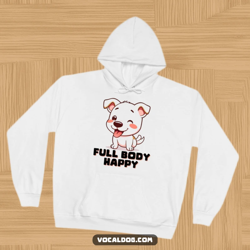 Funny hoodie featuring a dog character doing an energetic happy wiggle, perfect for staying warm while feeling joyful.