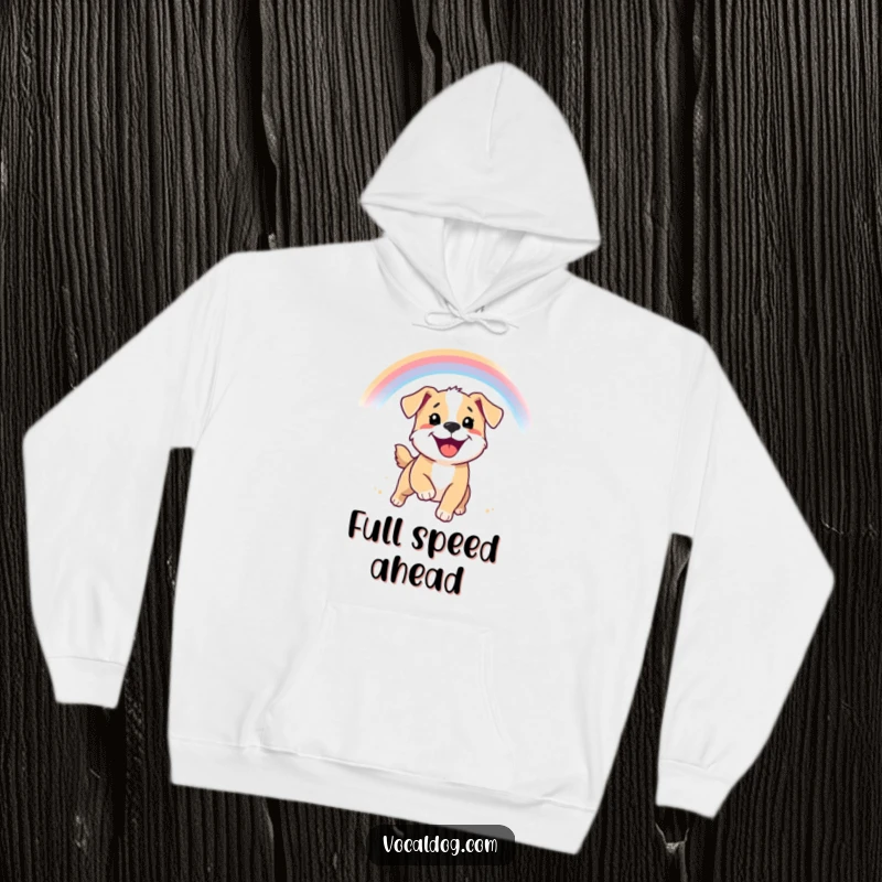Funny hoodie featuring a happy puppy with a beaming smile, joyfully chasing a colorful rainbow.