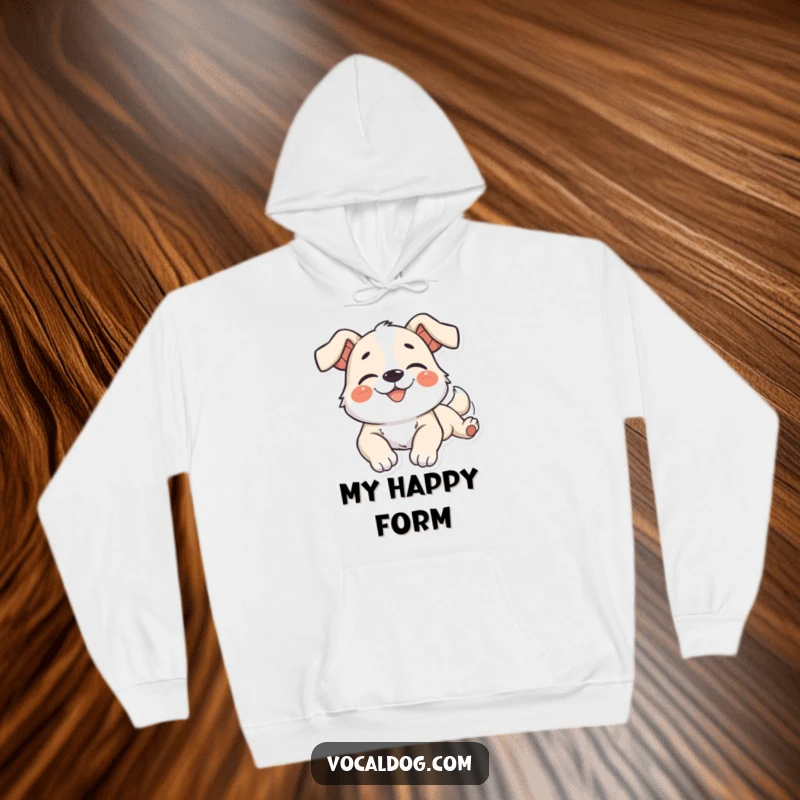Funny Hoodie showing a dog character stretching languidly with a blissful smile, radiating pure comfort and peace.