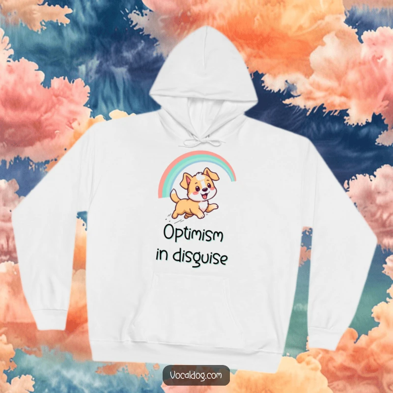 Funny hoodie depicting a determined dog character running with all its might after a colorful rainbow, radiating pure joy and humor.
