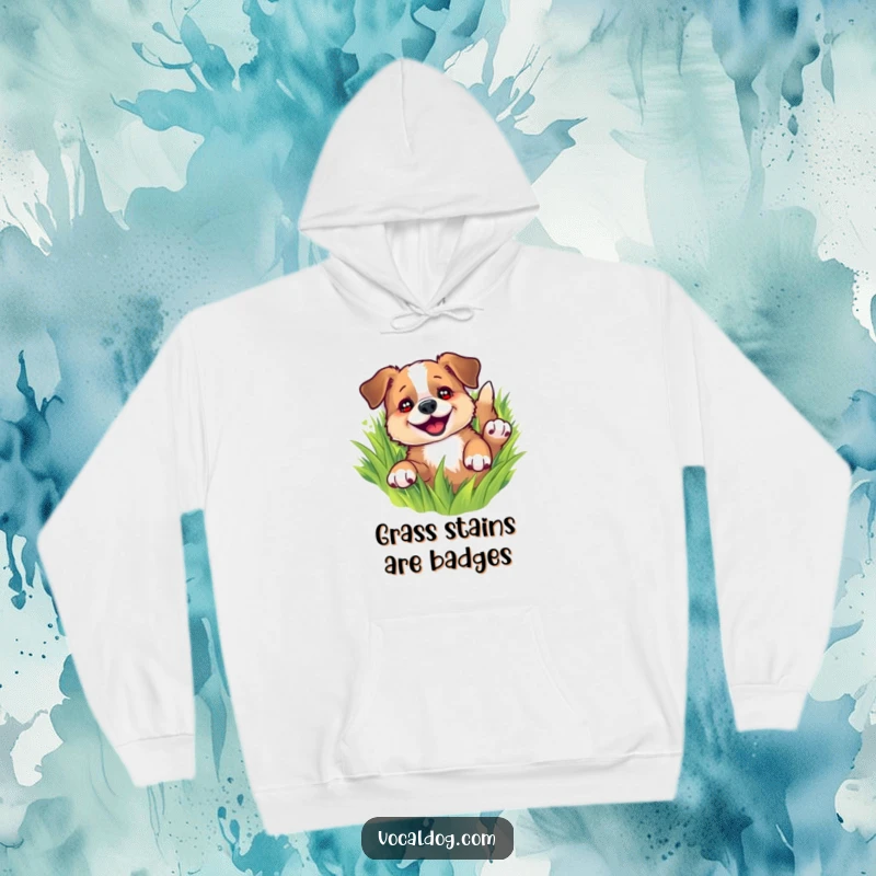 Funny hoodie graphic of a dog ecstatically rolling in vivid green grass, eyes shining, conveying ultimate canine joy, excellent present.