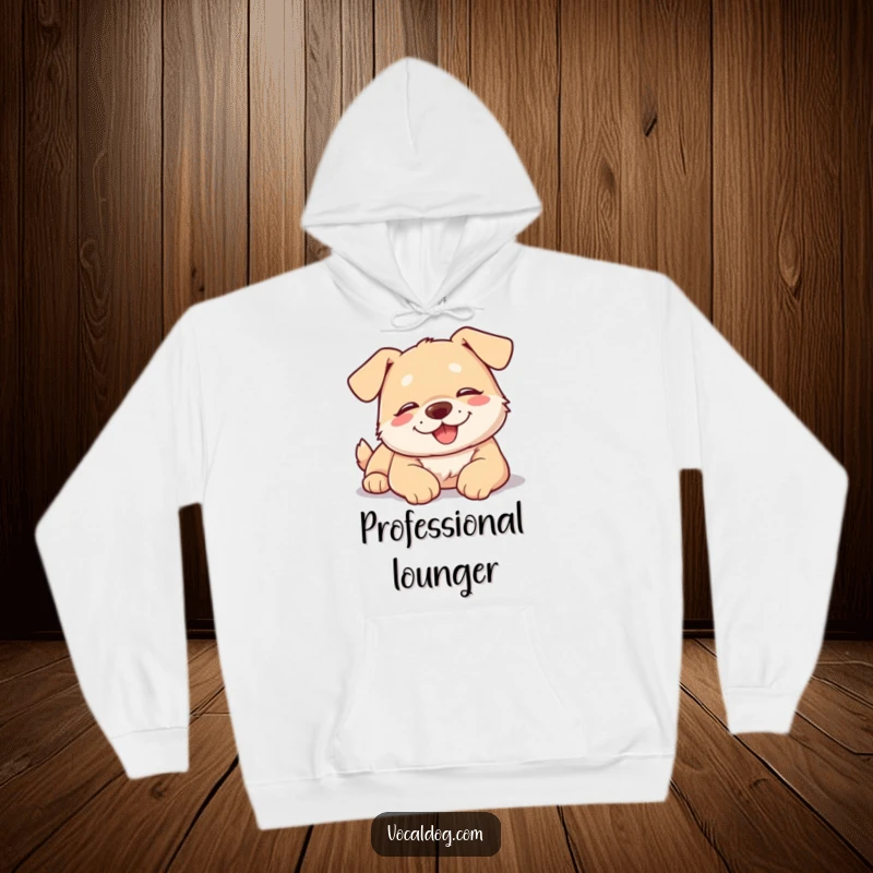 Funny dog hoodie depicting a happy dog in a relaxed state, lightly sunbathing with eyes closed in peace.