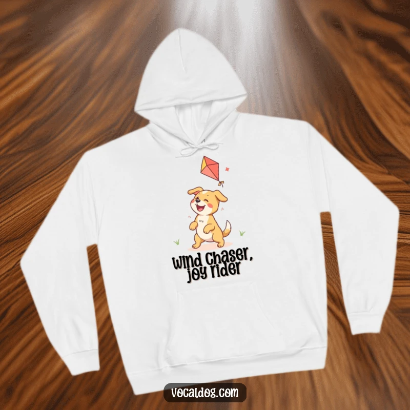 Funny Hoodie featuring an ecstatic dog character engrossed in playing with a colorful kite, exuding pure happiness.