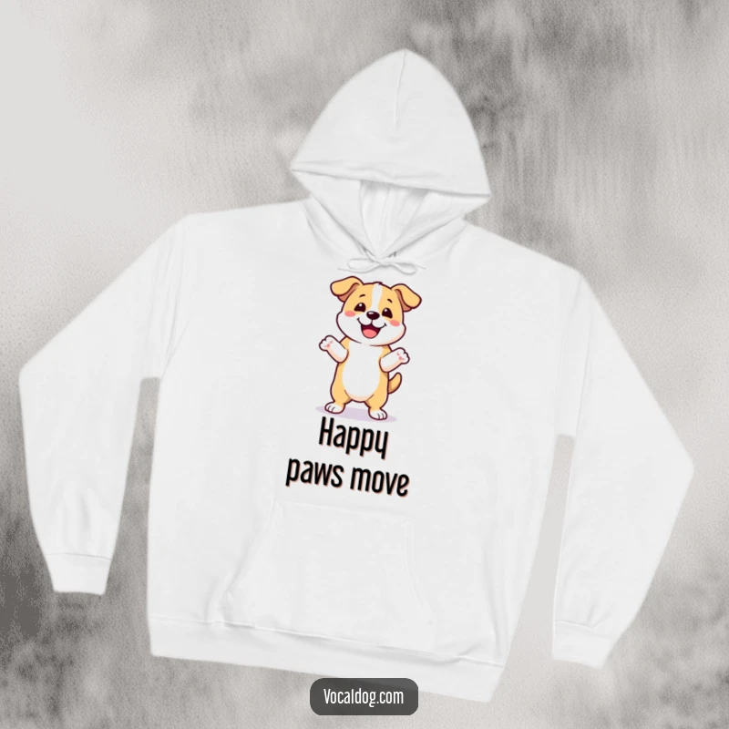 Cozy funny happy dance dog hoodie featuring a dog joyfully dancing with its front paws up, perfect for spreading cheer. Ideal funny gift.