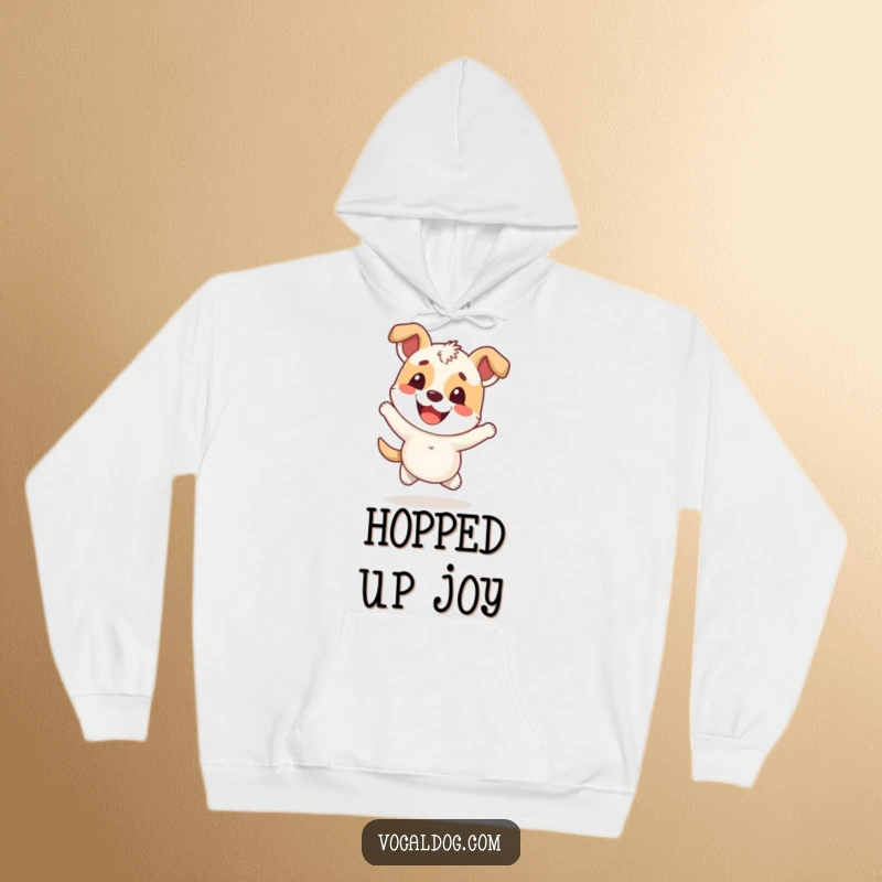 Funny Hoodie of a happy dog character mid-hop, showing an overwhelmingly cheerful and ecstatic expression.