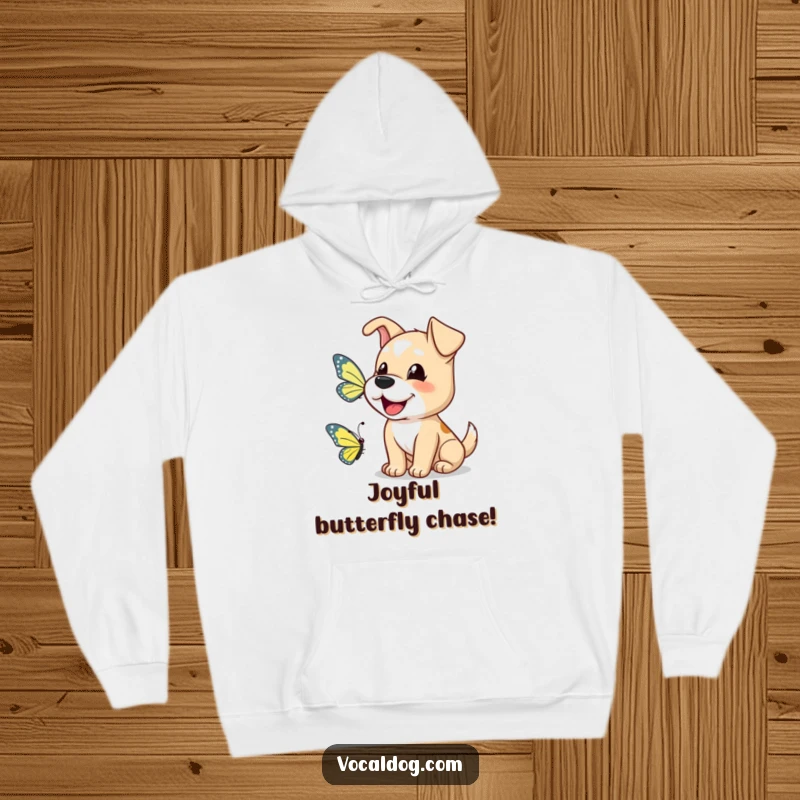 Funny dog hoodie showing a happy dog barking a cheerful greeting to a butterfly, perfect for cozy warmth.