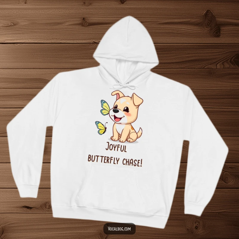 Funny dog hoodie showing a happy dog barking a cheerful greeting to a butterfly, perfect for cozy warmth.