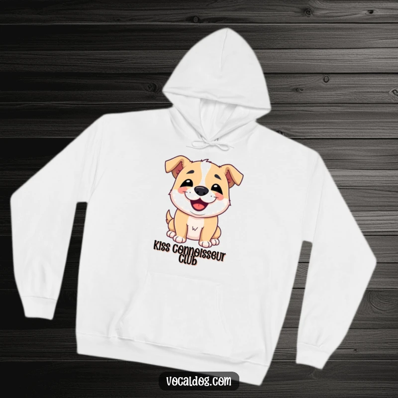 Funny hoodie design of a dog offering a friendly slobbery kiss with a charming smile, conveying playful love, cozy apparel.