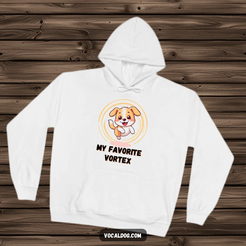Funny hoodie depicting a dog character happily spinning in a dizzy circle while chasing its tail. Great for cozying up.