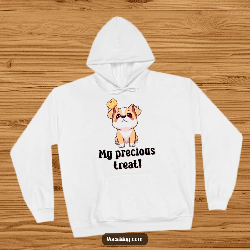 Funny dog hoodie featuring a happy dog gazing upwards with pure adoration at a floating treat, offering warmth.