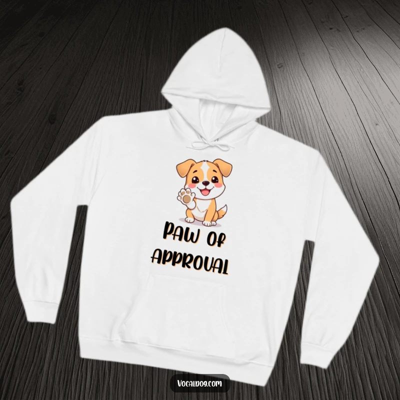 Funny hoodie showing a dog character happily offering its paw, emanating warmth and friendly vibes.