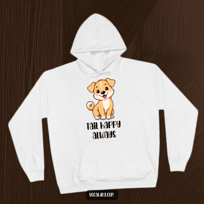 Funny dog hoodie featuring a playful dog with its tail curled into a happy, whimsical spiral.