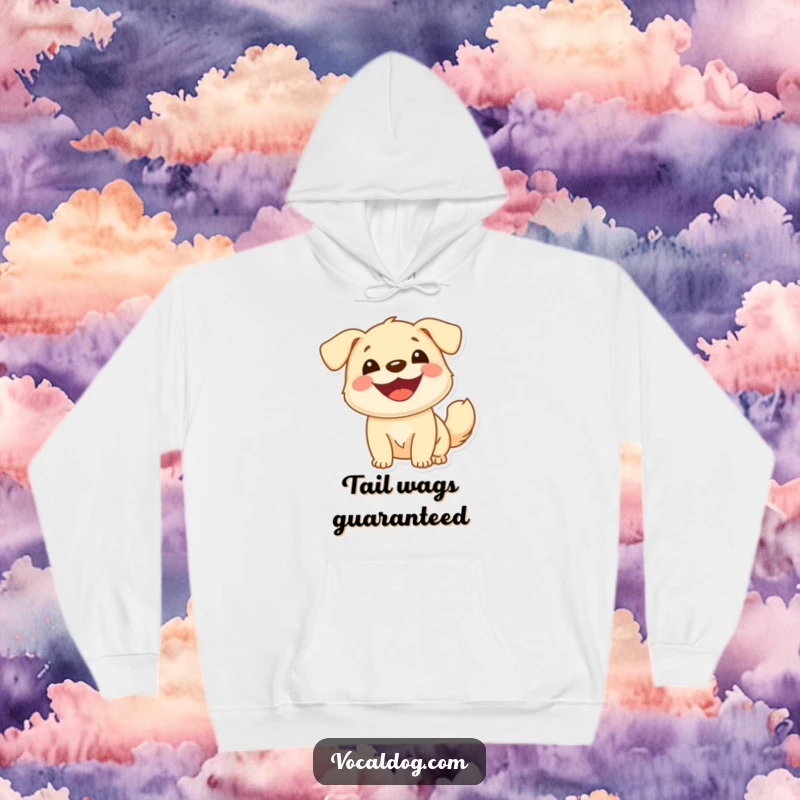 Funny hoodie design of a cheerful dog with a wide smile and a bouncy tail, conveying pure joy and positivity, cozy apparel.