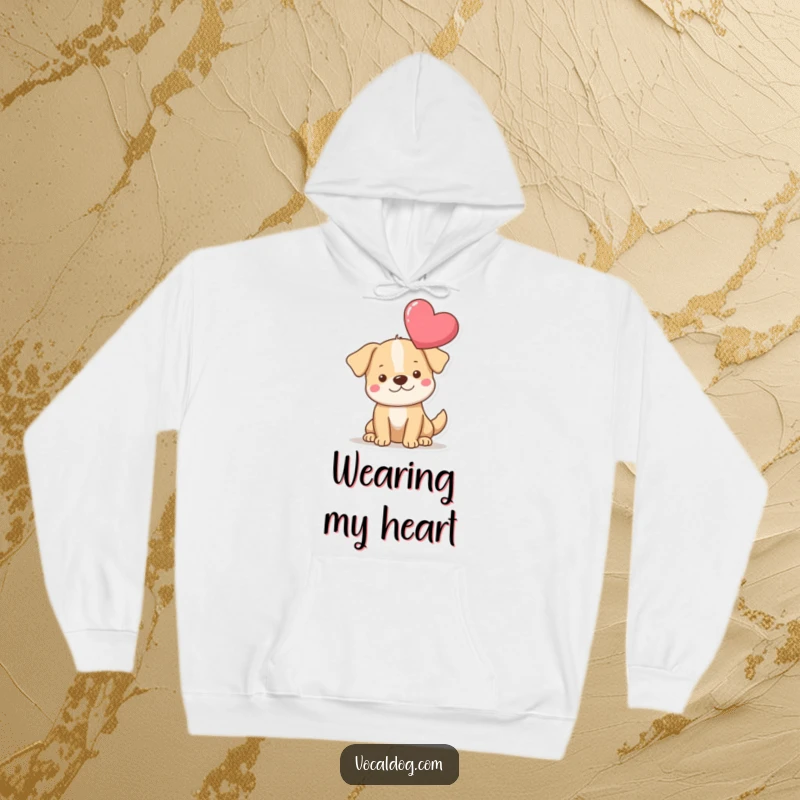 Cozy funny heart dog hoodie featuring a dog with a big heart floating above, perfect for spreading love and warmth. Ideal funny gift.