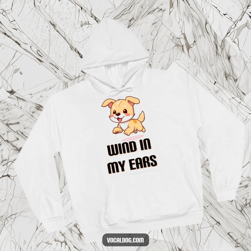 Funny hoodie depicting a dog character running with ears flapping joyfully, embodying exhilaration and comfort.