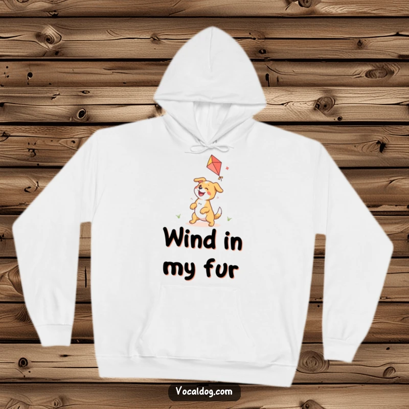 Funny hoodie depicting a dog joyfully engaged with a colorful kite, ideal for cozy outdoor fun.