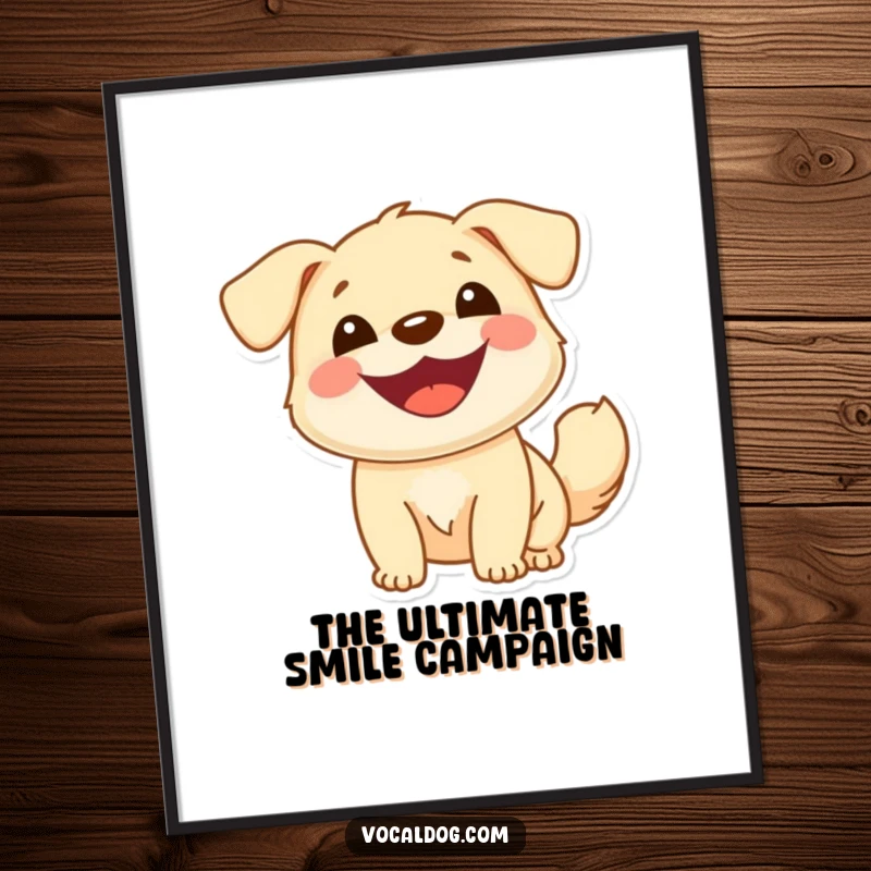 Free Printable wall art: a dog radiating happiness with a wide smile and its tail wagging with infectious cheerfulness.