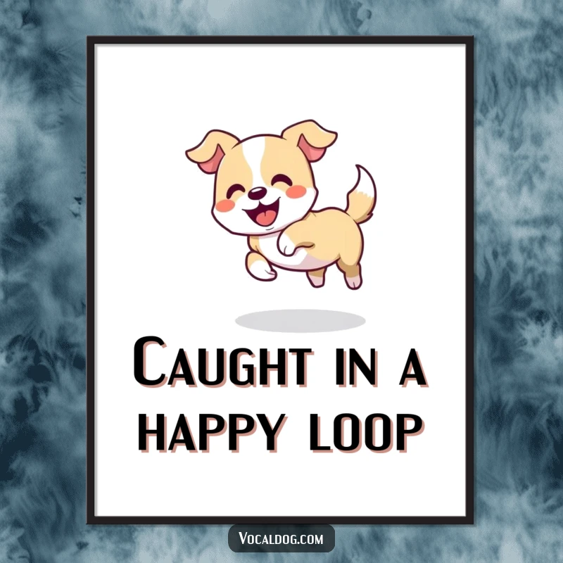 Free Printable wall art: a dog caught in a delightful, dizzy circle as it playfully chases its own wagging tail.