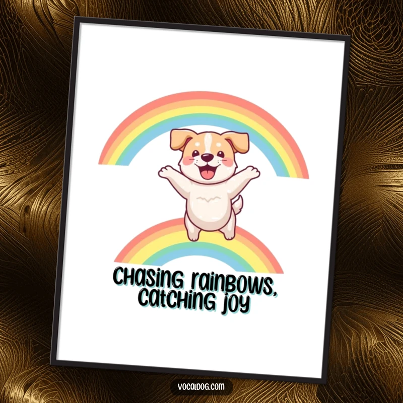 Funny Free Printable Wall Art: Energetic dog leaping joyfully through a bright, colorful rainbow.
