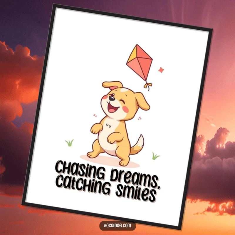Funny Free Printable Wall Art: Ecstatic dog joyfully flying a kite, radiating happiness and playful energy.