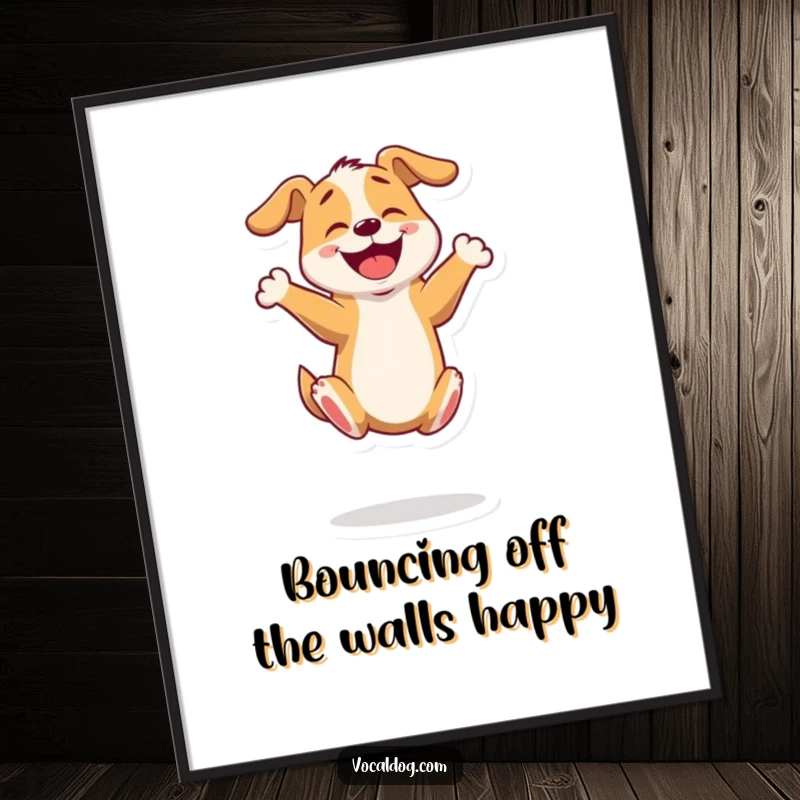 Funny Free Printable Wall Art: Energetic dog bouncing happily on its hind legs, a downloadable piece of pure joy.