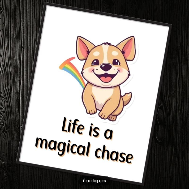 Funny Free Printable Wall Art: a dog with a huge goofy grin, energetically chasing a brilliant rainbow across a whimsical landscape.