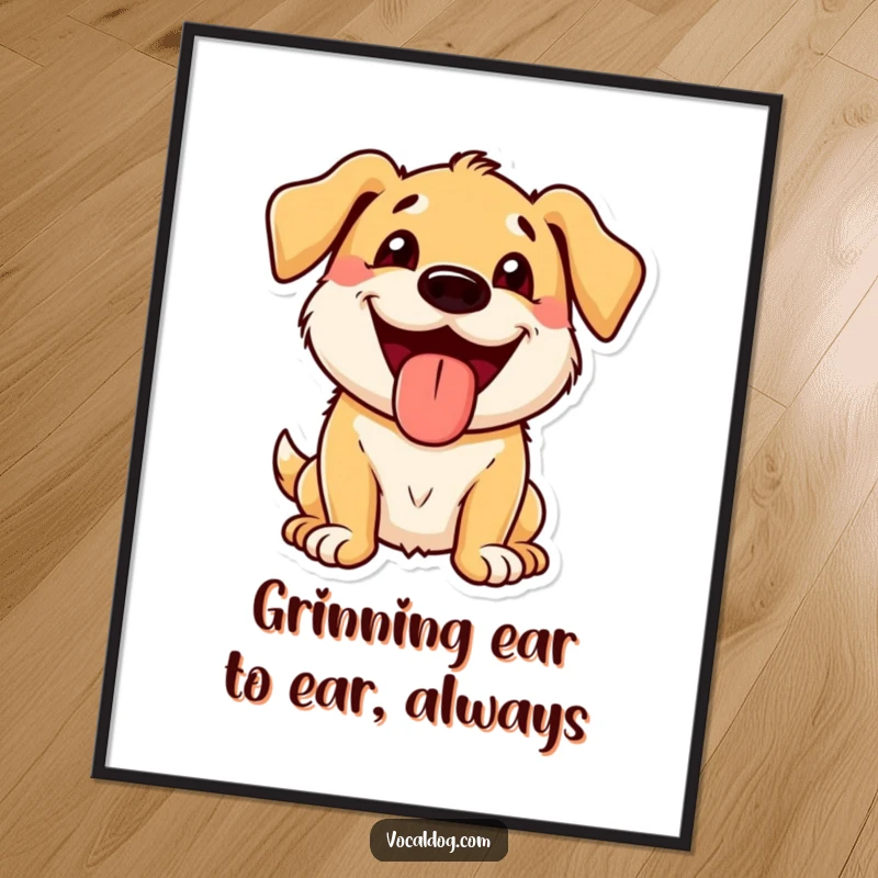 Funny Free Printable wall art of a dog character with a wide, beaming grin and its tongue sticking out, full of life.
