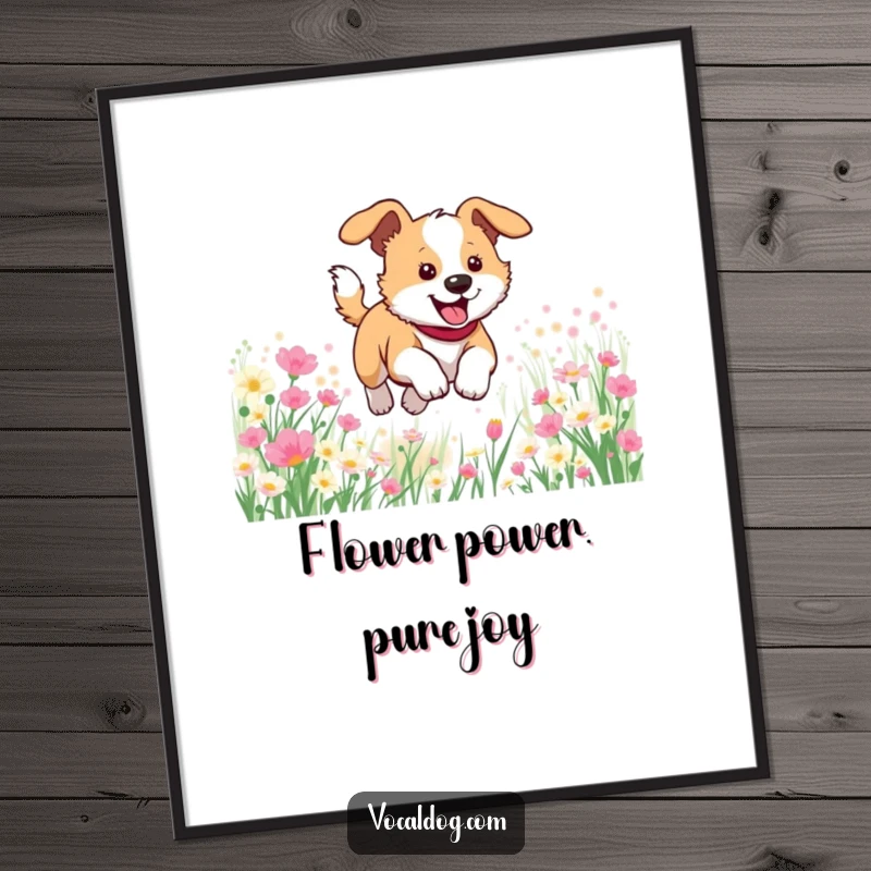 Funny Free Printable Wall Art featuring a dog joyfully bounding through a sun-drenched field thick with colorful wildflowers.