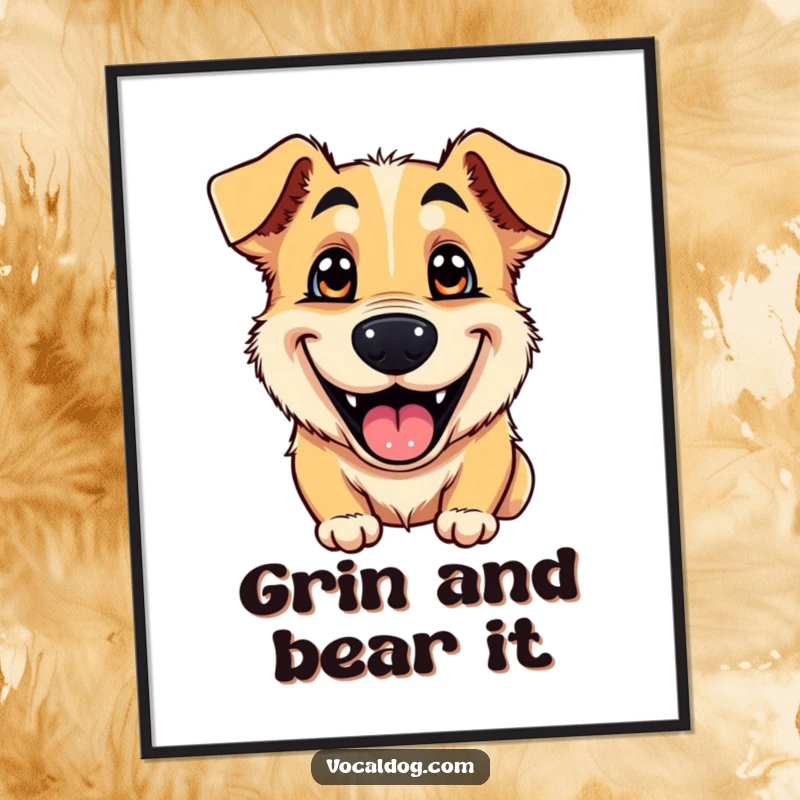 Funny Free Printable Wall Art of a dog sporting a massive, goofy grin and incredibly shiny, happy eyes.