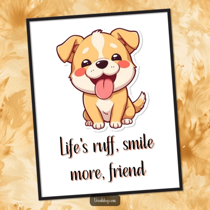 Funny Free Printable Wall Art of a dog panting with its tongue sticking out and a wide, beaming smile, adding quirky decor.