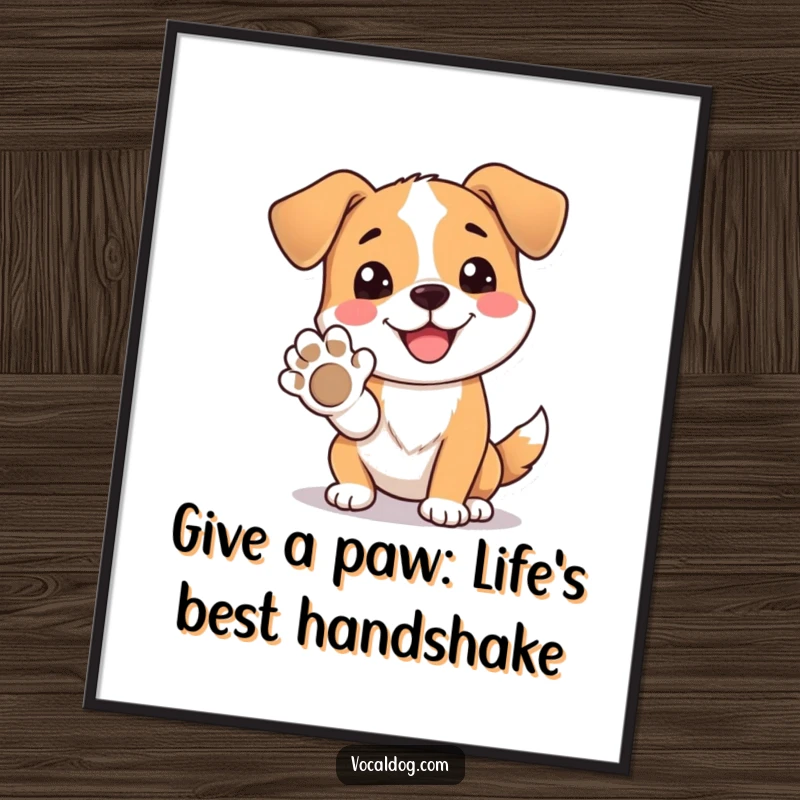 Funny Free Printable Wall Art: A dog with a wide, beaming smile offers its paw, inviting interaction and spreading happiness.