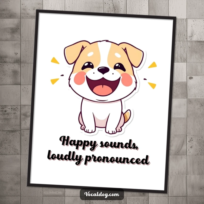 Funny Free Printable Wall Art: Stylized dog with mouth wide open, releasing visible waves of pure happiness.