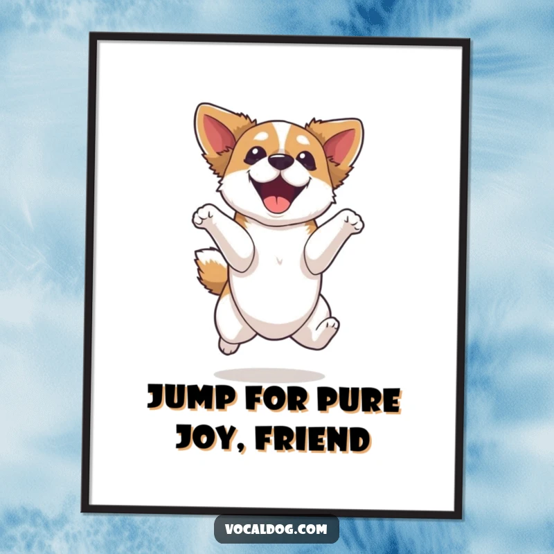 Funny Free Printable Wall Art: A dog leaping high in the air with an expression of complete bliss and elation, capturing pure excitement.