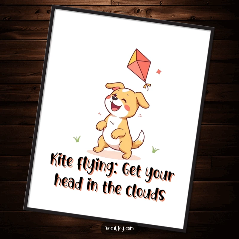 Funny Free Printable Wall Art: An ecstatic dog is depicted playing joyfully with a bright, colorful kite.